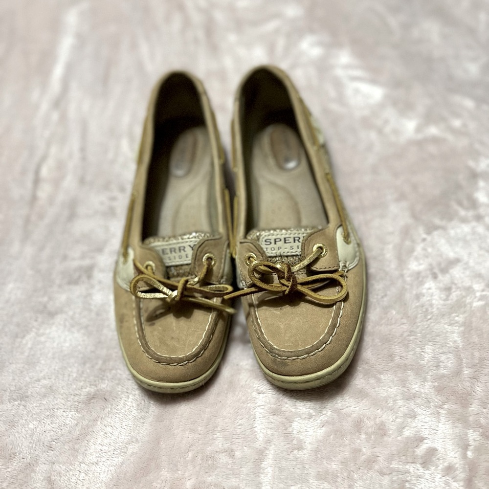 Sperry Top-Sider. Tan with gold accents.
